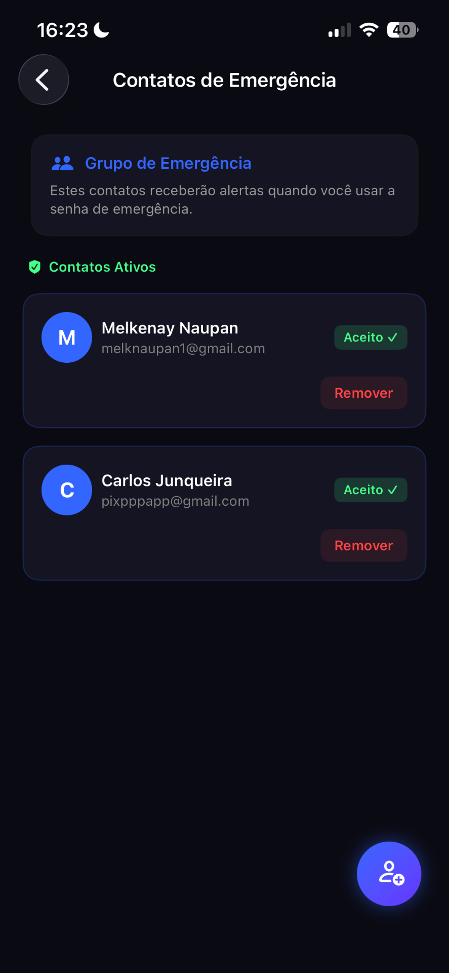 Tela de contatos de emergência