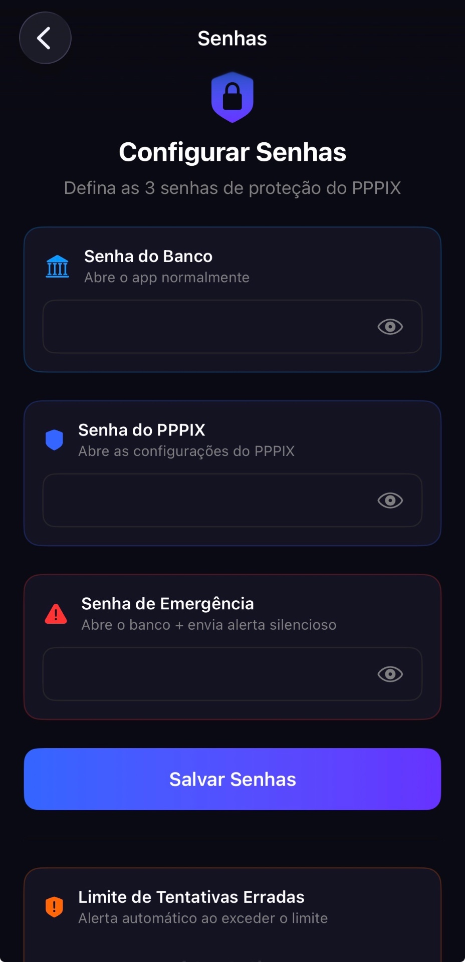 Tela de configuração de senha