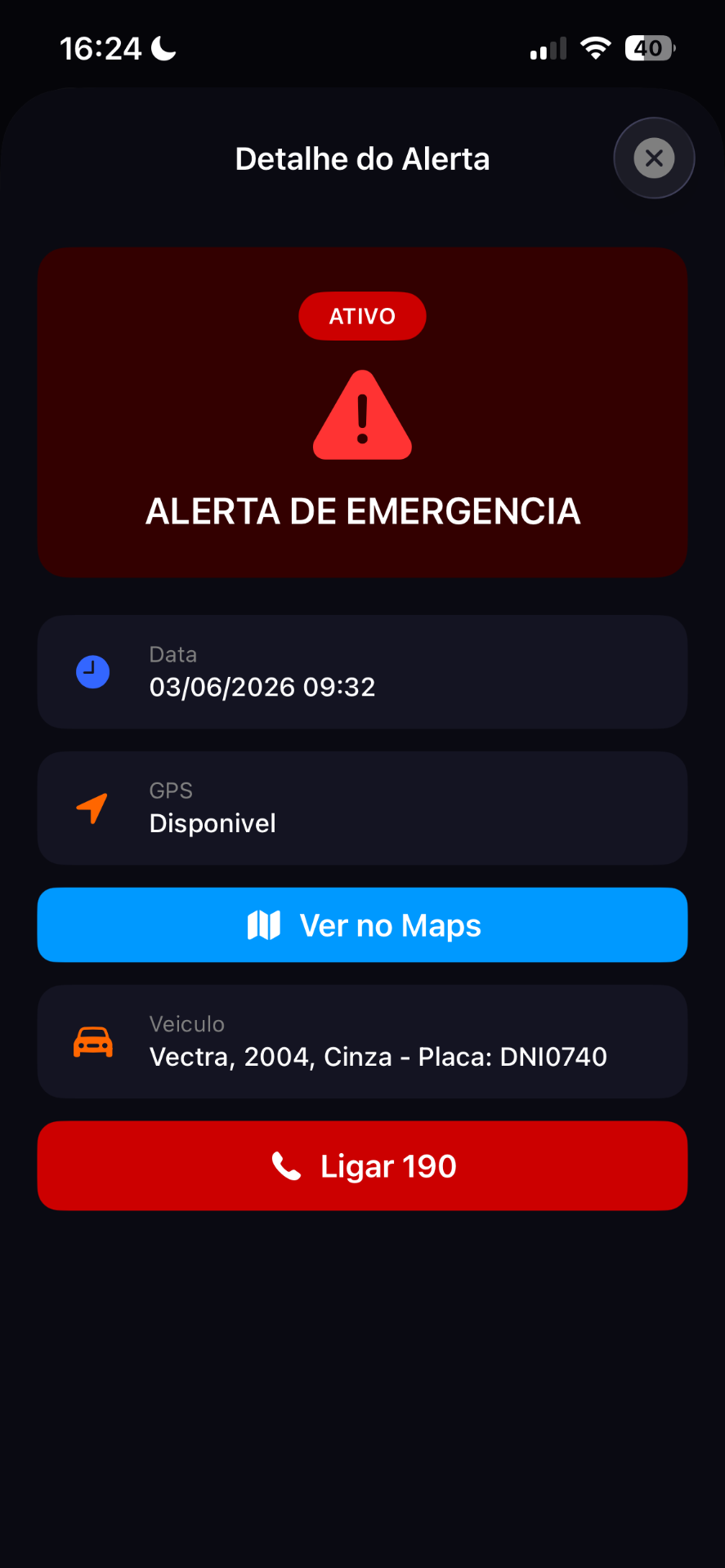 Tela de alerta enviado